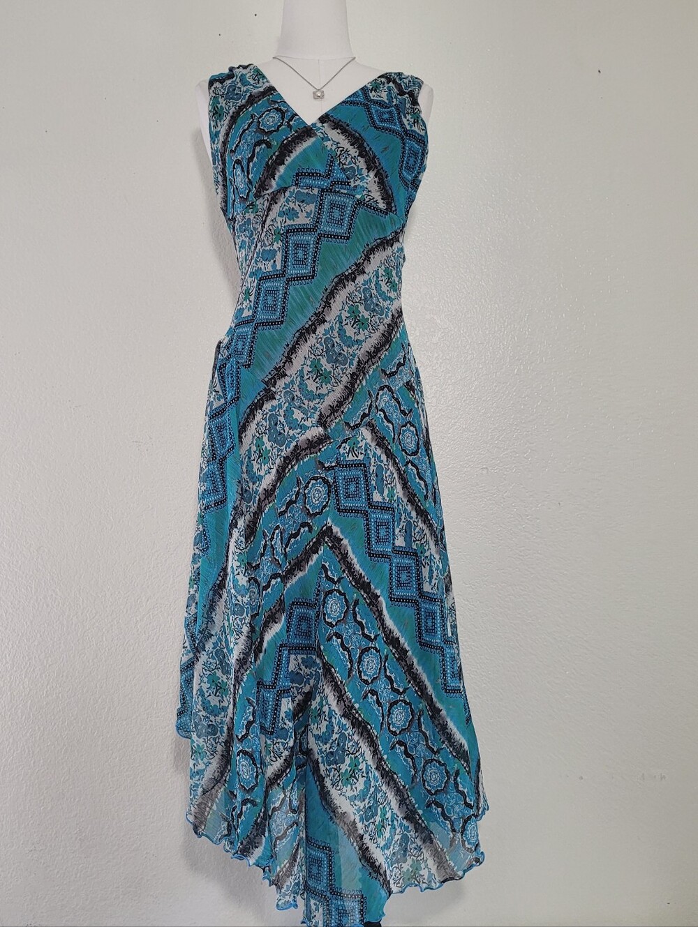 Chetta B Turquoise & Blue V-Neck Asymmetrical Patterned Whimsy Boho Maxi Dress 4
